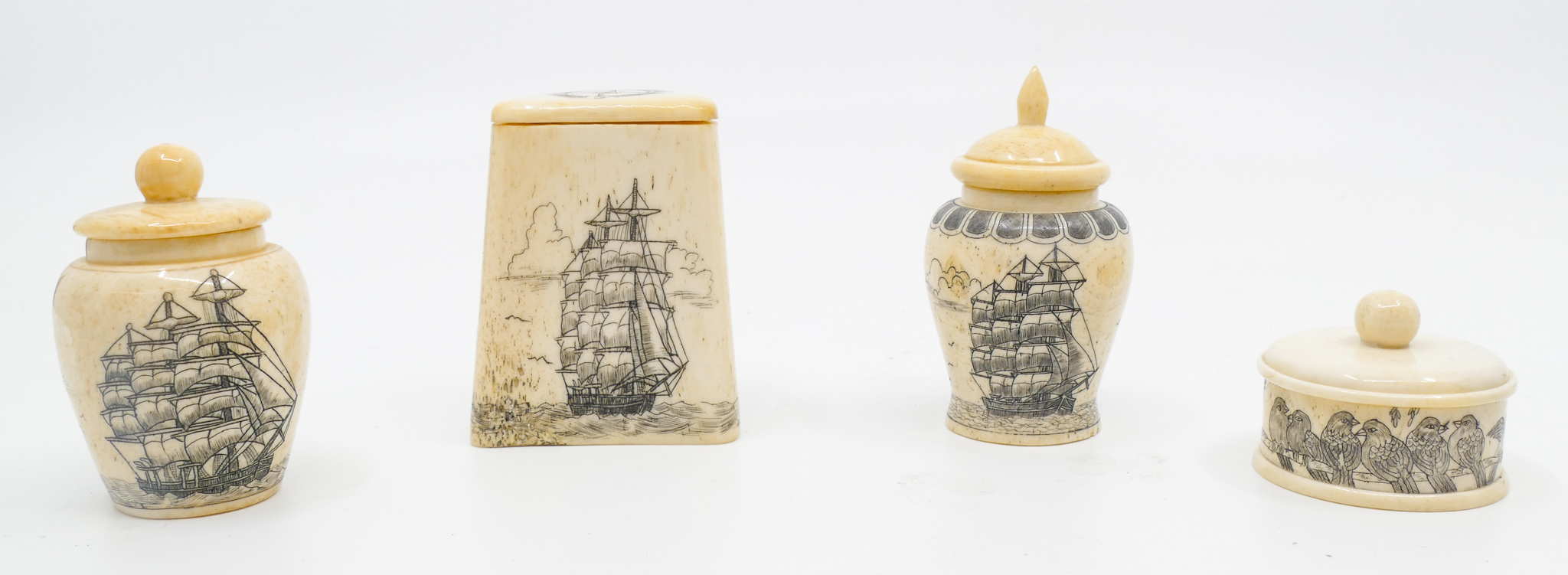 Box 4pc Fine Scrimshawed Maritime