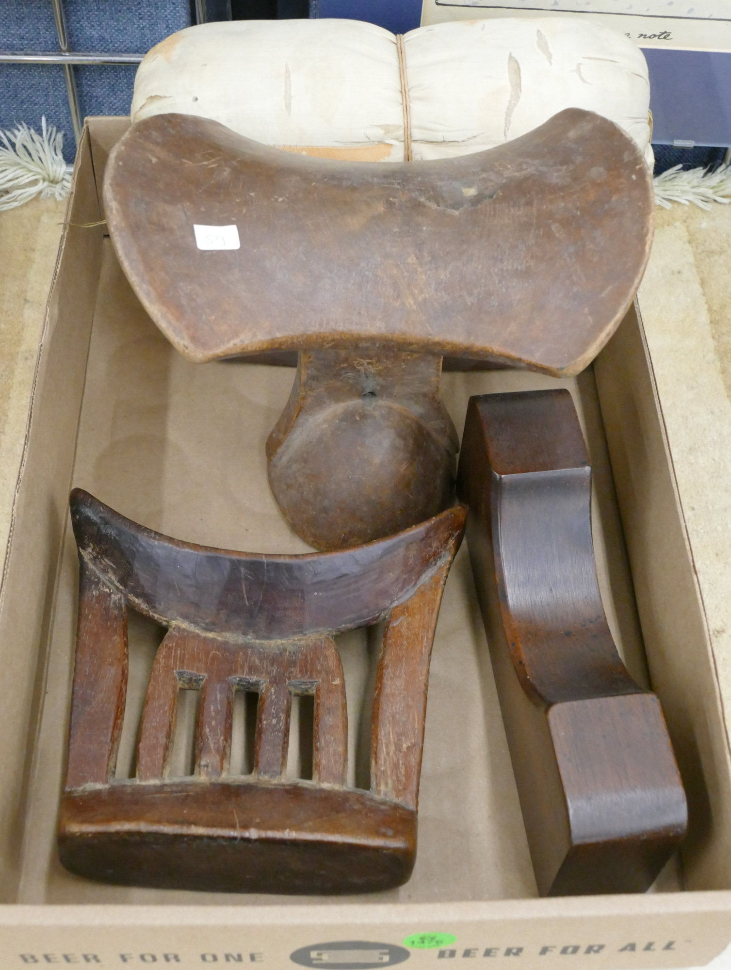 Box African Carved Head Rests etc.