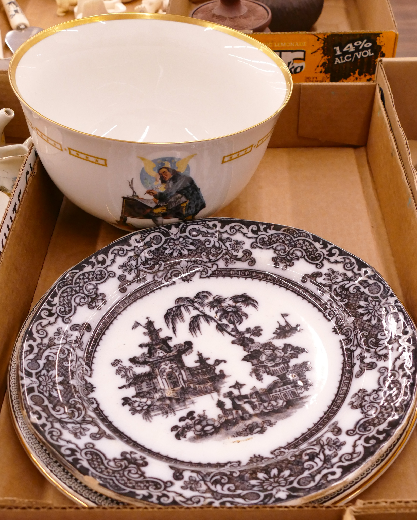 Box Antique Transferware Plates Etc