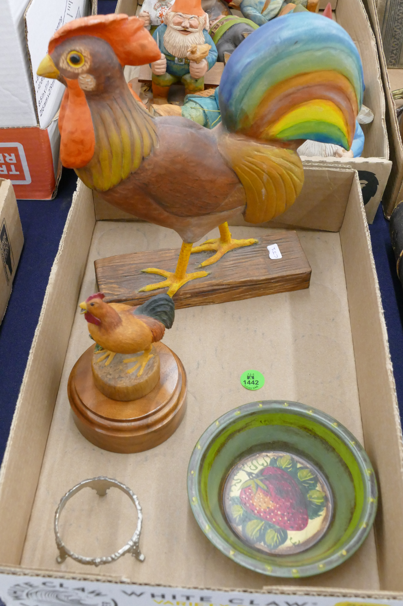 Box Carved Wood Roosters etc.