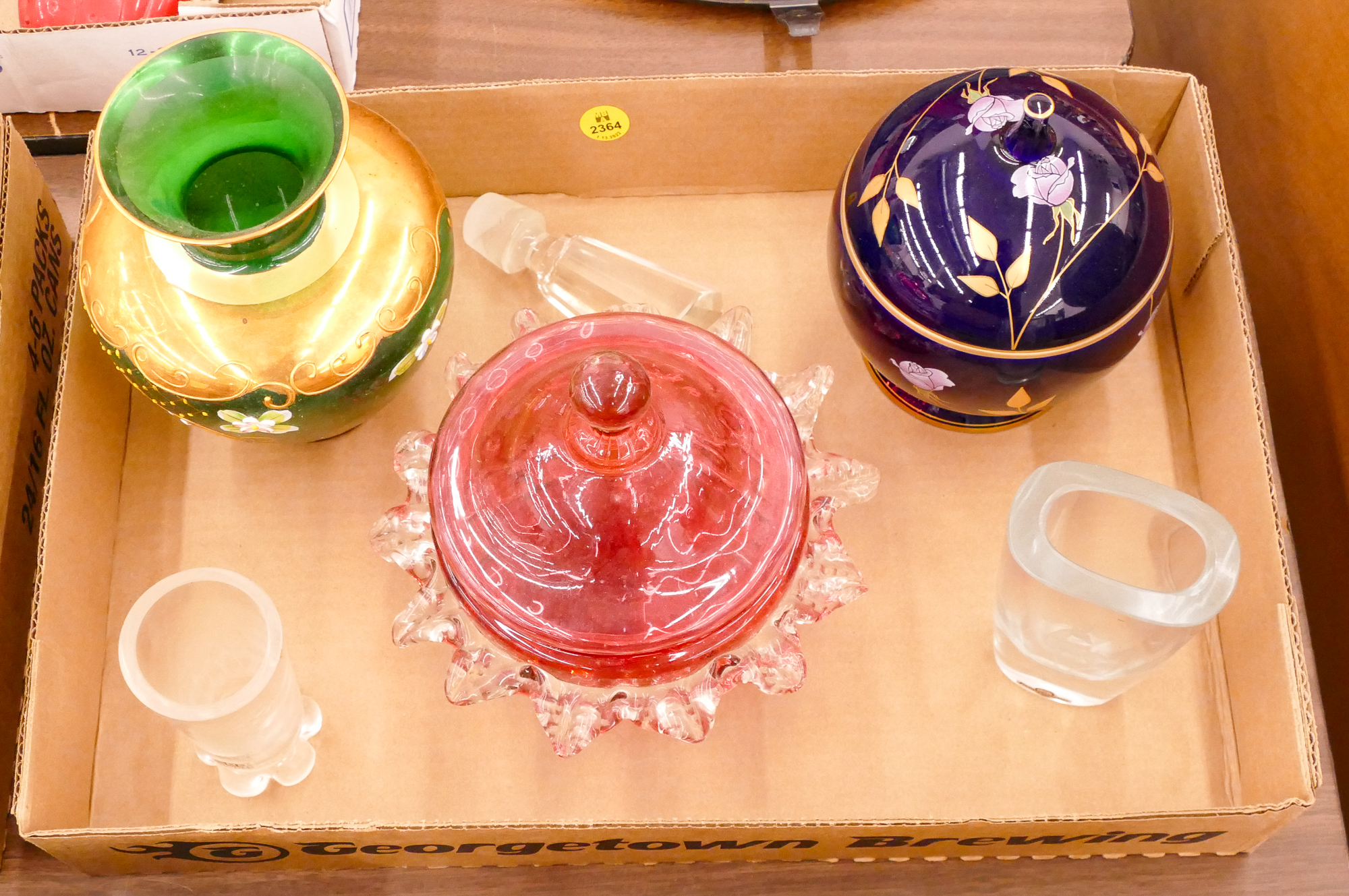 Box Colored and Etched Glass Etc