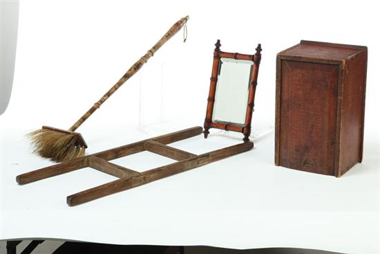 BOX  MIRROR  HEARTH BROOM AND