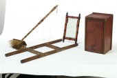 BOX  MIRROR  HEARTH BROOM AND