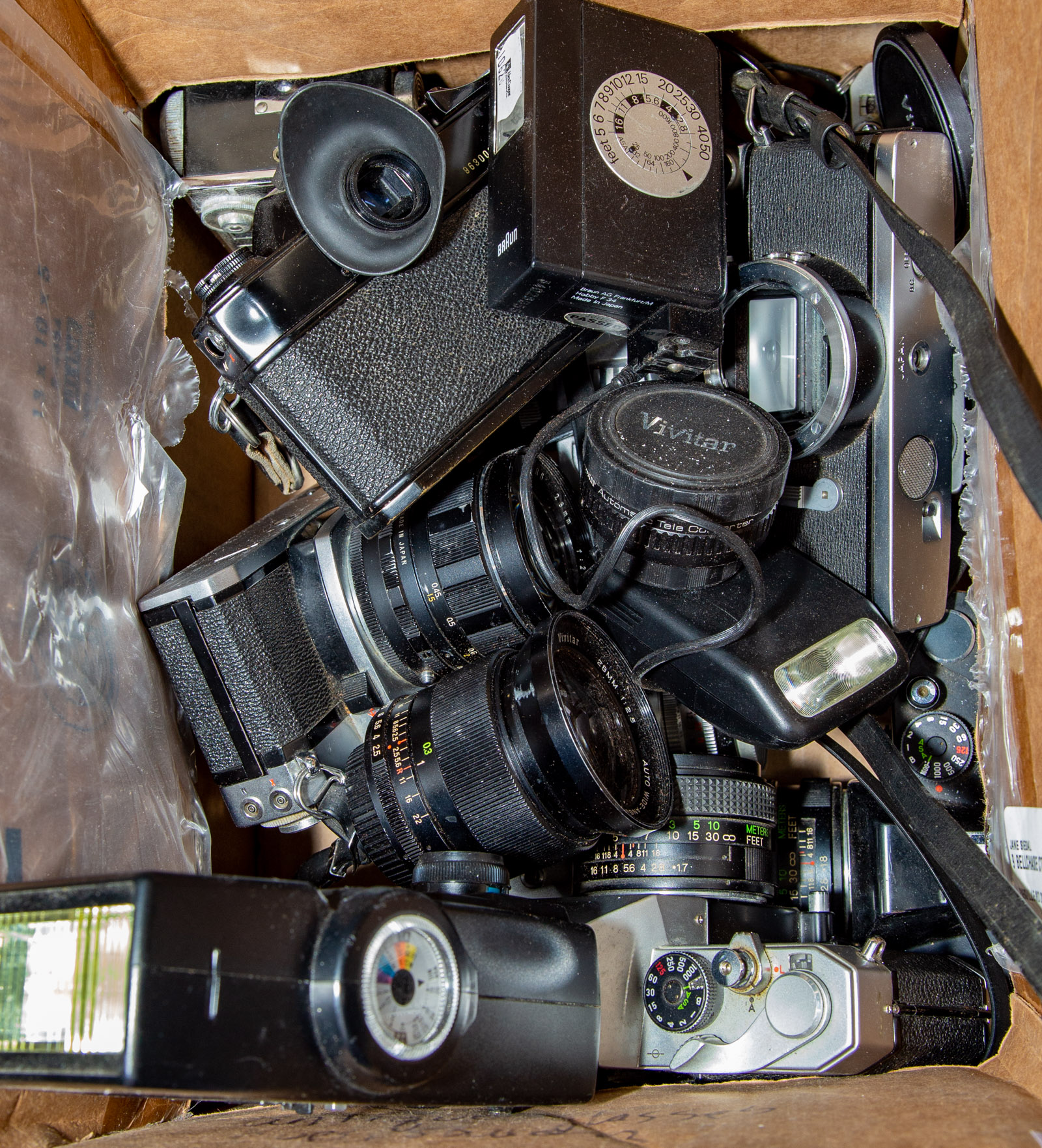 BOX OF ASSORTED CAMERAS & PARTS