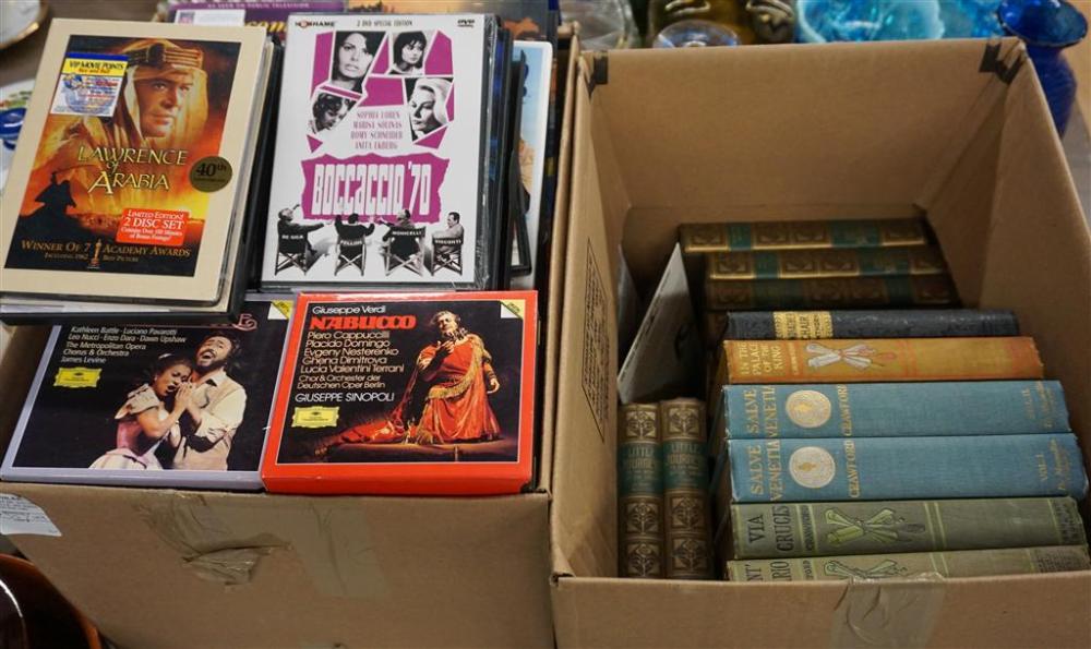 BOX OF CDS AND DVDS AND A BOX OF