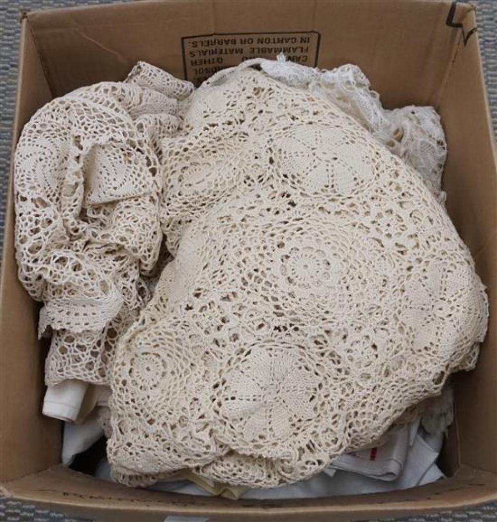 BOX OF CROCHET AND OTHER TABLE