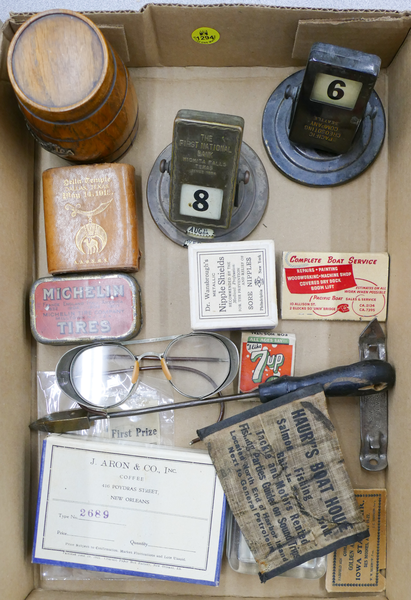Box Old Advertising Desk Items Etc.