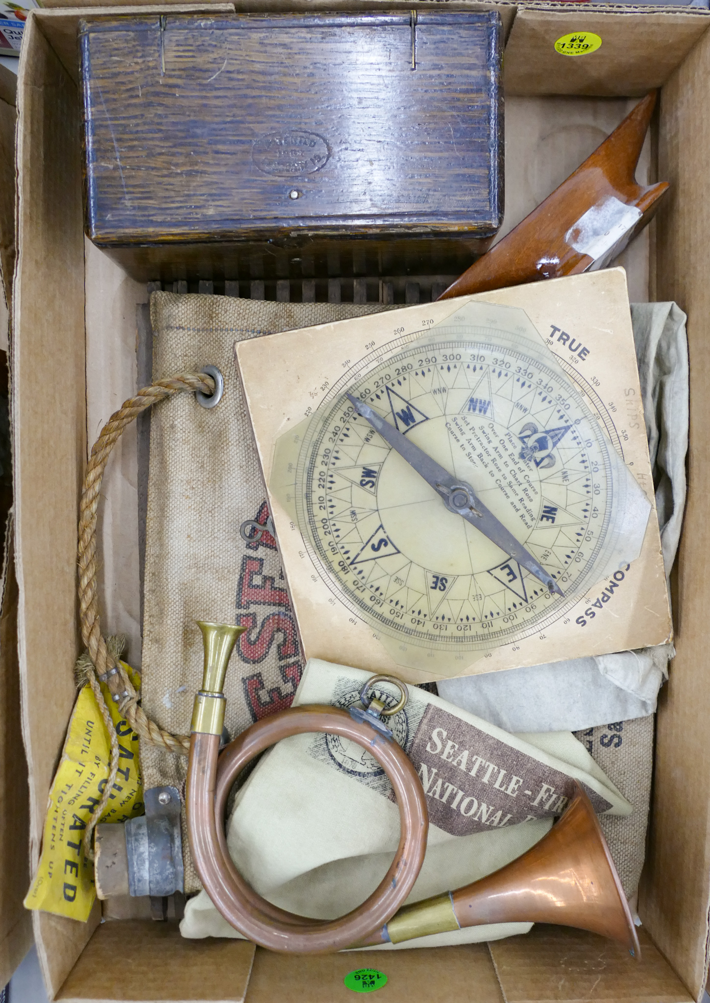 Box Old Compass & Coin Bags Etc.