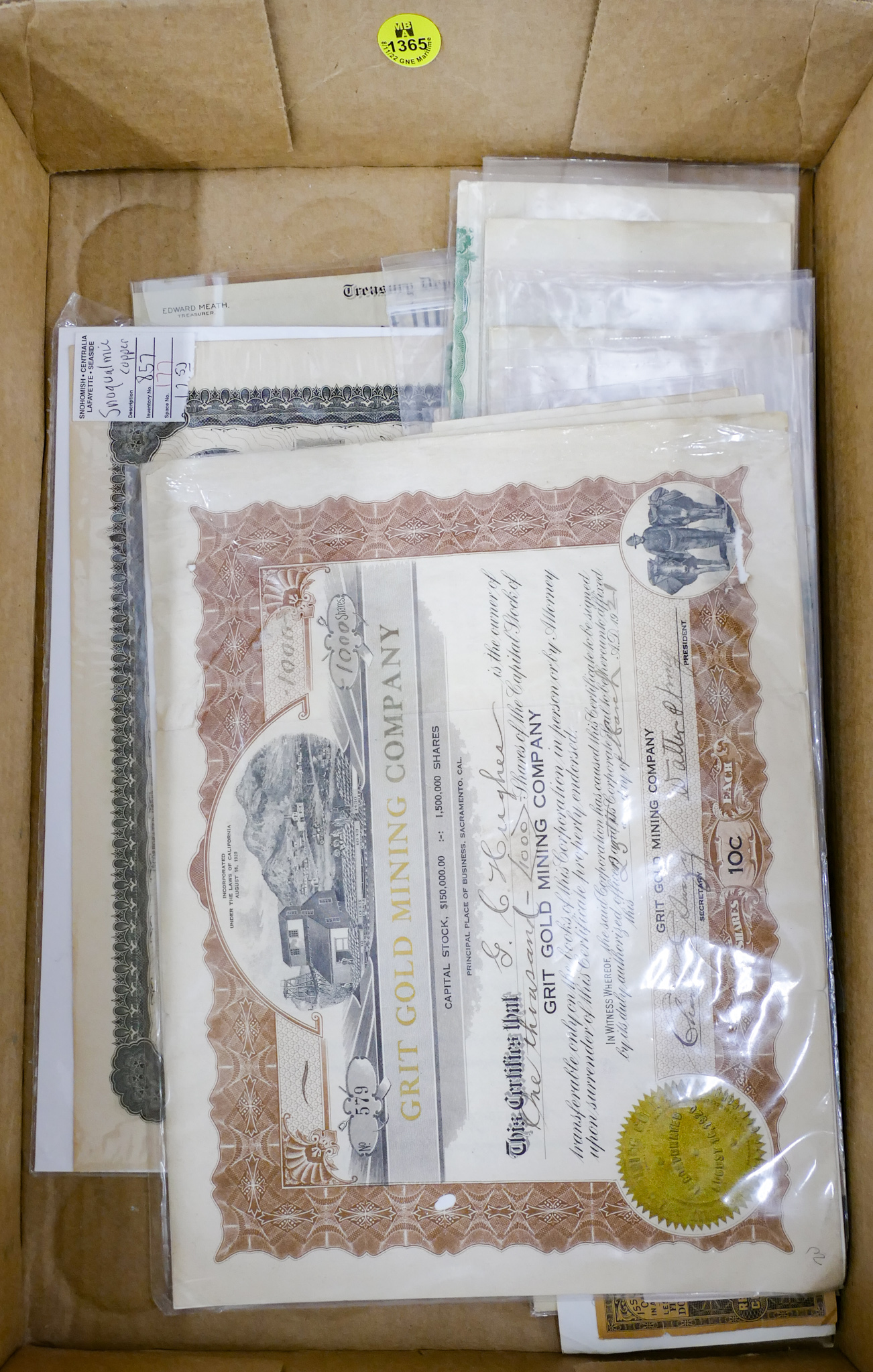 Box Old Stock Certificates 13pc