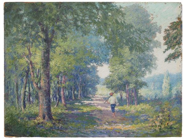 BOY HEADED TO FISHING HOLE OIL/B: