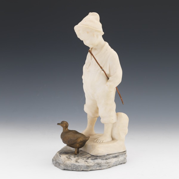 BOY WITH DUCK CARVED ALABASTER