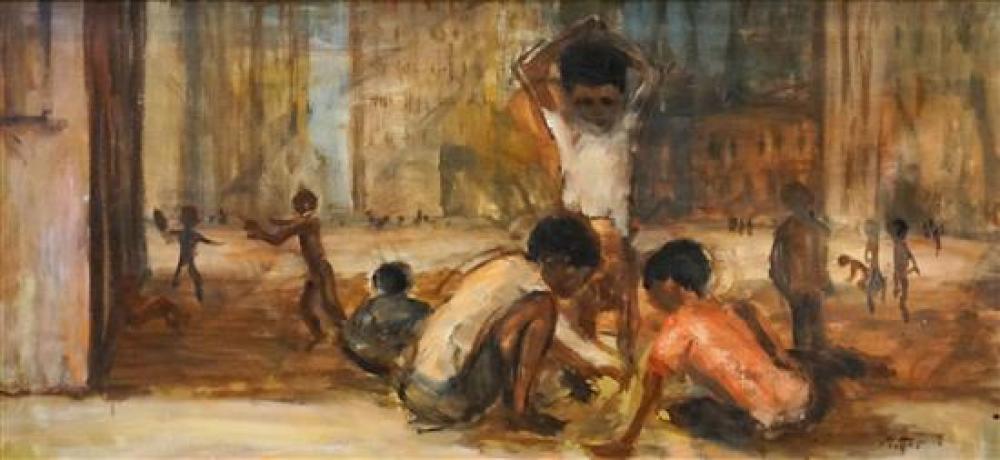 BOYS PLAYING MARBLES OUTSIDE THE