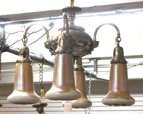 BRASS AND ART GLASS LIGHT FIXTURE