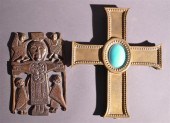 BRASS AND BLUE GLASS CRUCIFIX
