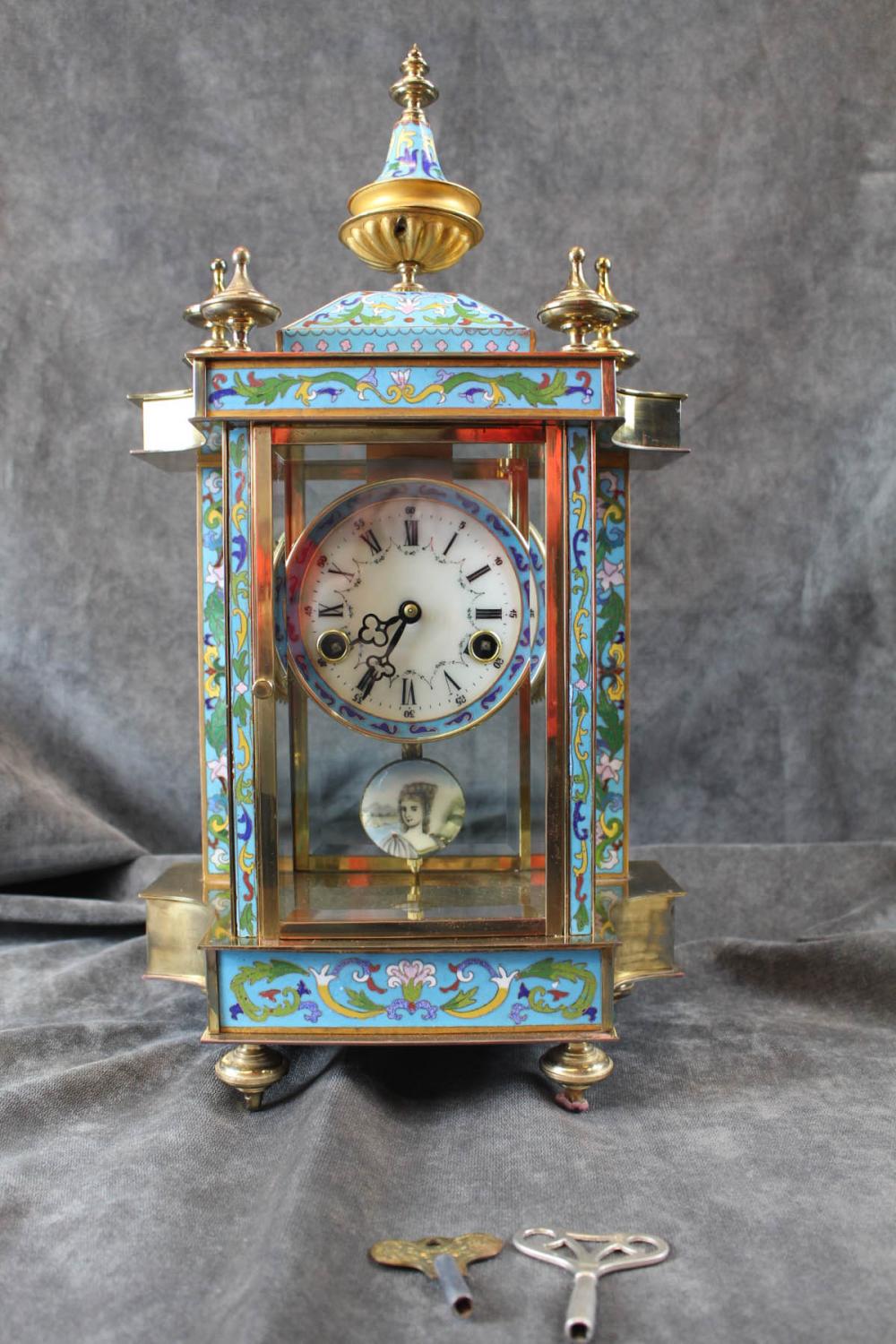 BRASS AND CLOISONNE ENAMEL MANTEL