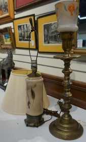 BRASS AND DECORATED GLASS TABL