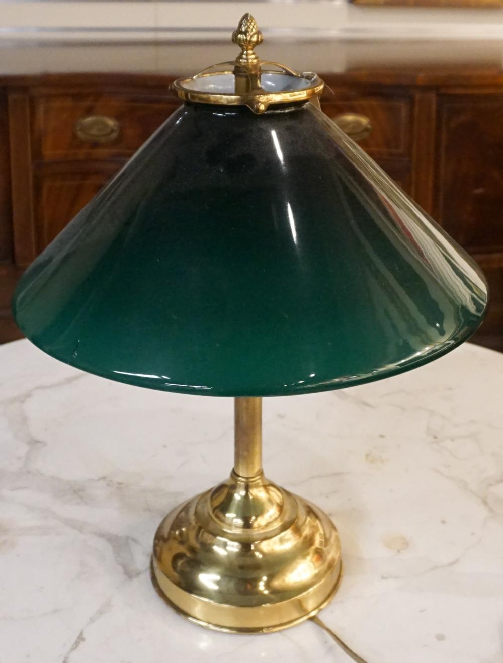 BRASS AND GREEN GLASS SHADE DESK