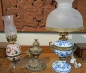 BRASS AND MAJOLICA LAMP AND BL