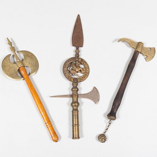 BRASS AND WOOD HALBERD AND TWO