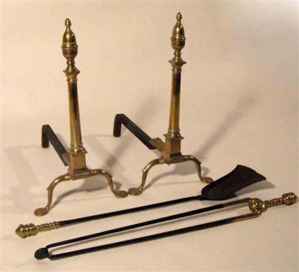 Brass andirons and fire tools   