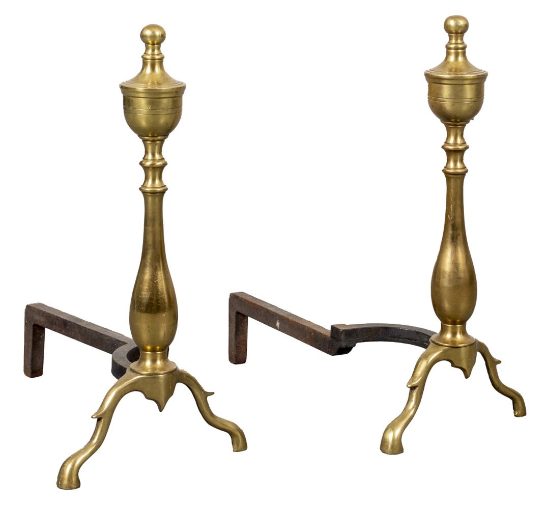 BRASS ANDIRONS, PAIR Pair of