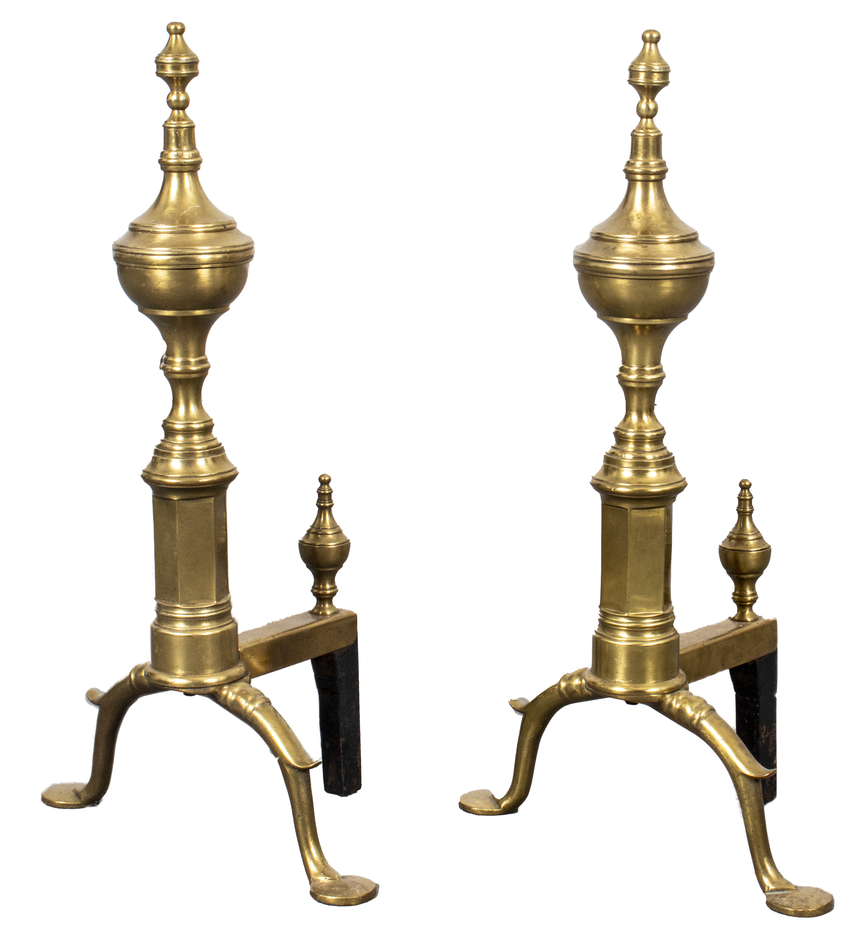 BRASS ANDIRONS, PAIR Pair of