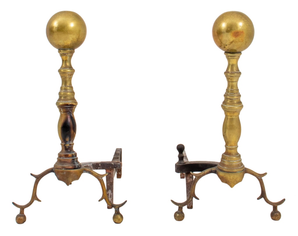 BRASS ANDIRONS, PAIR Pair of