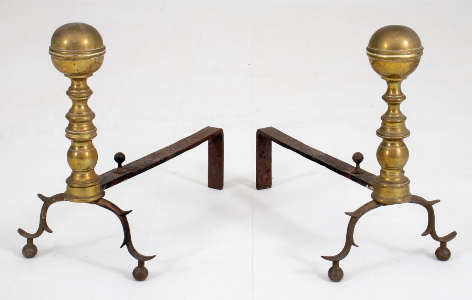 BRASS ANDIRONS, PAIR Pair of