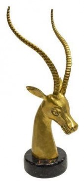 BRASS ANTELOPE HEAD ON MARBLEB