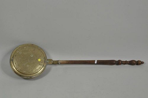 BRASS BED WARMER/TURNED WOOD