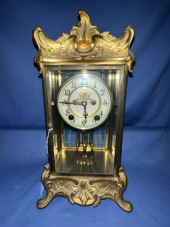 BRASS & BEVELED GLASS CLOCK, C