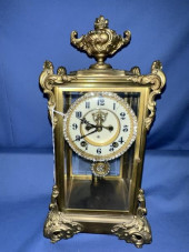 BRASS & BEVELED GLASS CLOCK, C