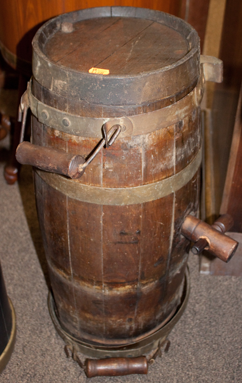 Brass-bound and oak keg with tap