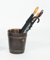 BRASS-BOUND WOODEN WASTE BASKE