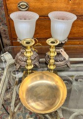 BRASS BOWL, PAIR OF BRASS CAND
