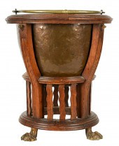 BRASS BUCKET ON OAK STANDBrass