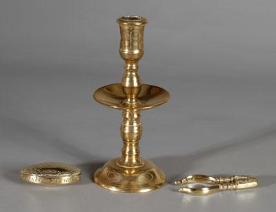 Brass candlestick, snuff box,