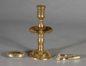 Brass candlestick, snuff box,