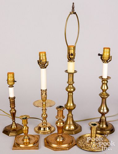 BRASS CANDLESTICKS AND TABLE