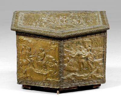 Brass-covered wood box, hinged lid,
