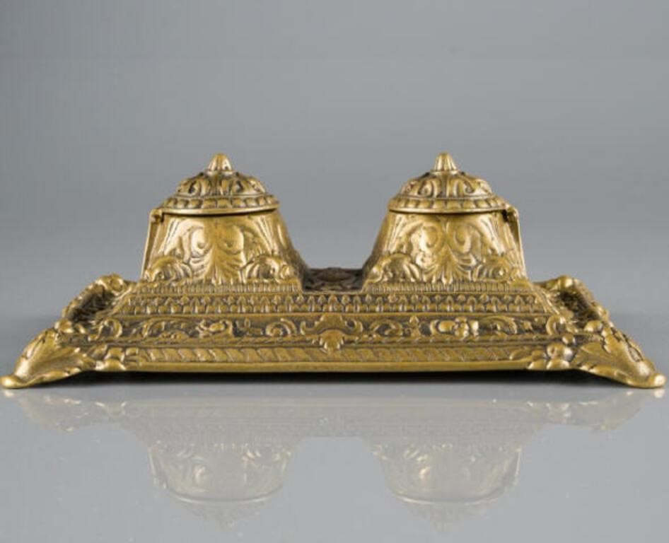 BRASS DOUBLE INKWELL, 19TH CENTURYA