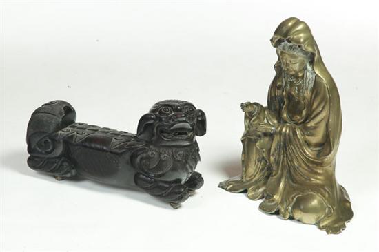BRASS FIGURE AND WOODEN FOO DOG. 