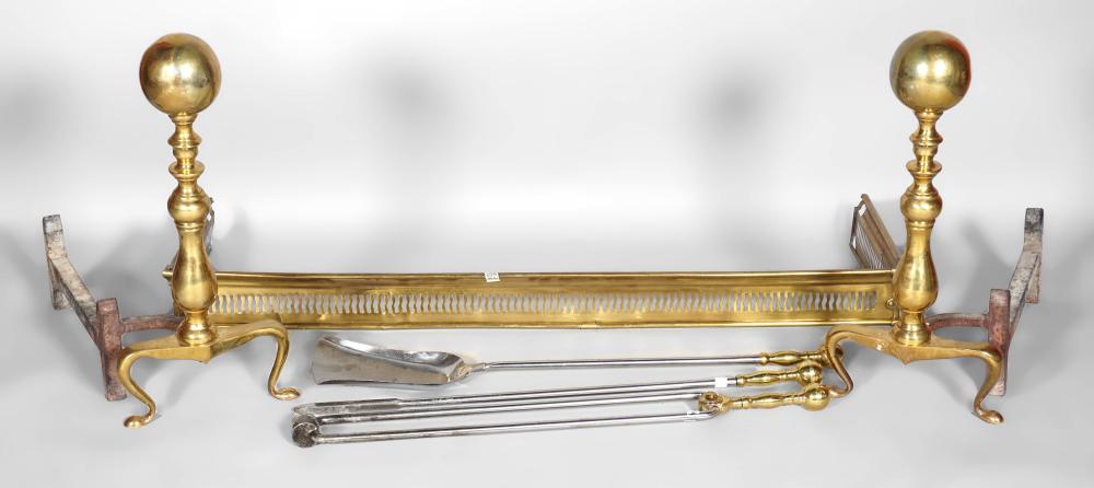 BRASS FIRE FENDER, AND ANDIRONS
