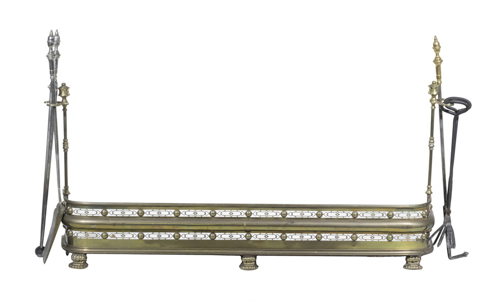 BRASS FIREPLACE FENDER W/ (4) TOOLS