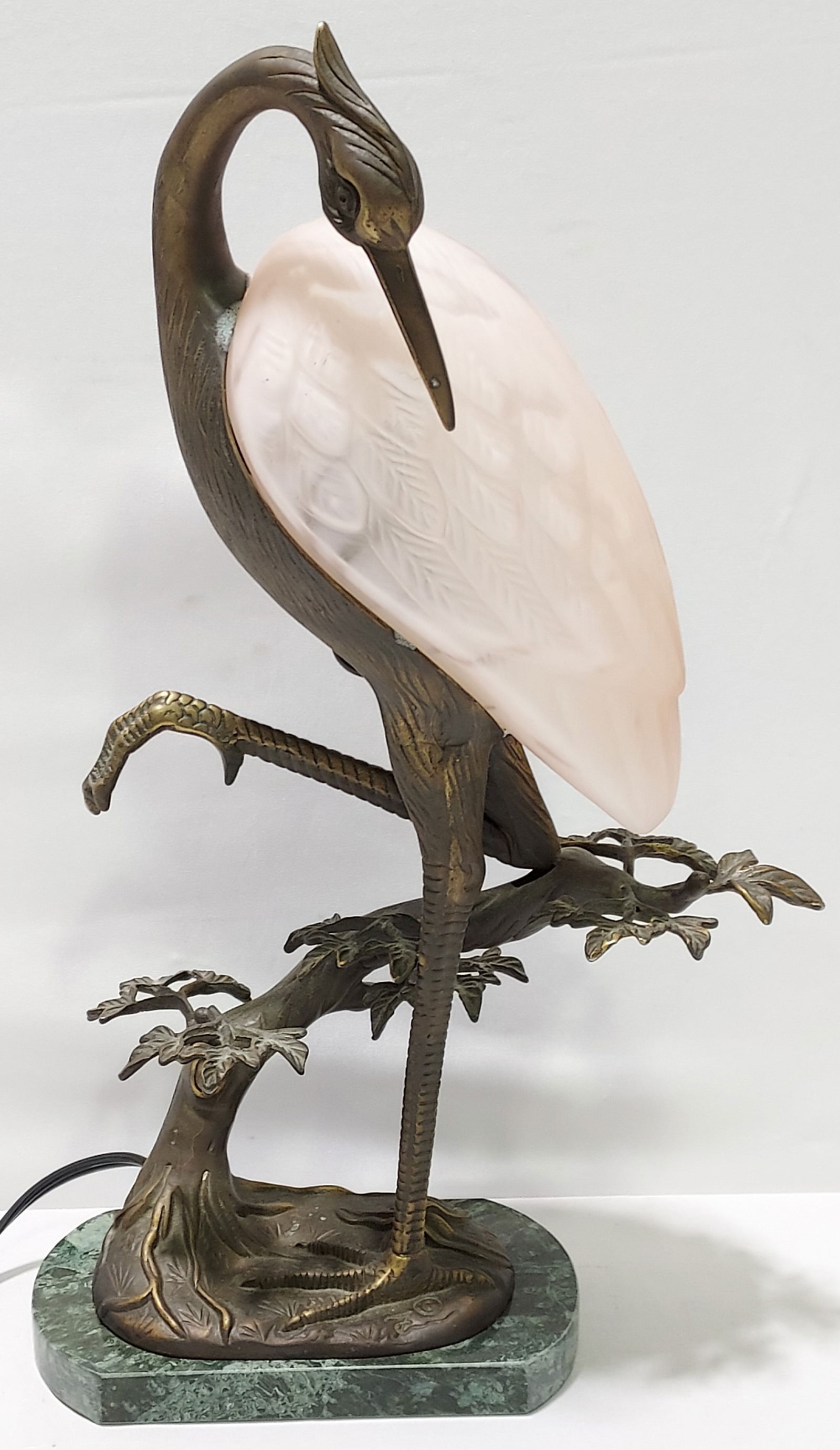 BRASS & GLASS FIGURAL HERON LAMP