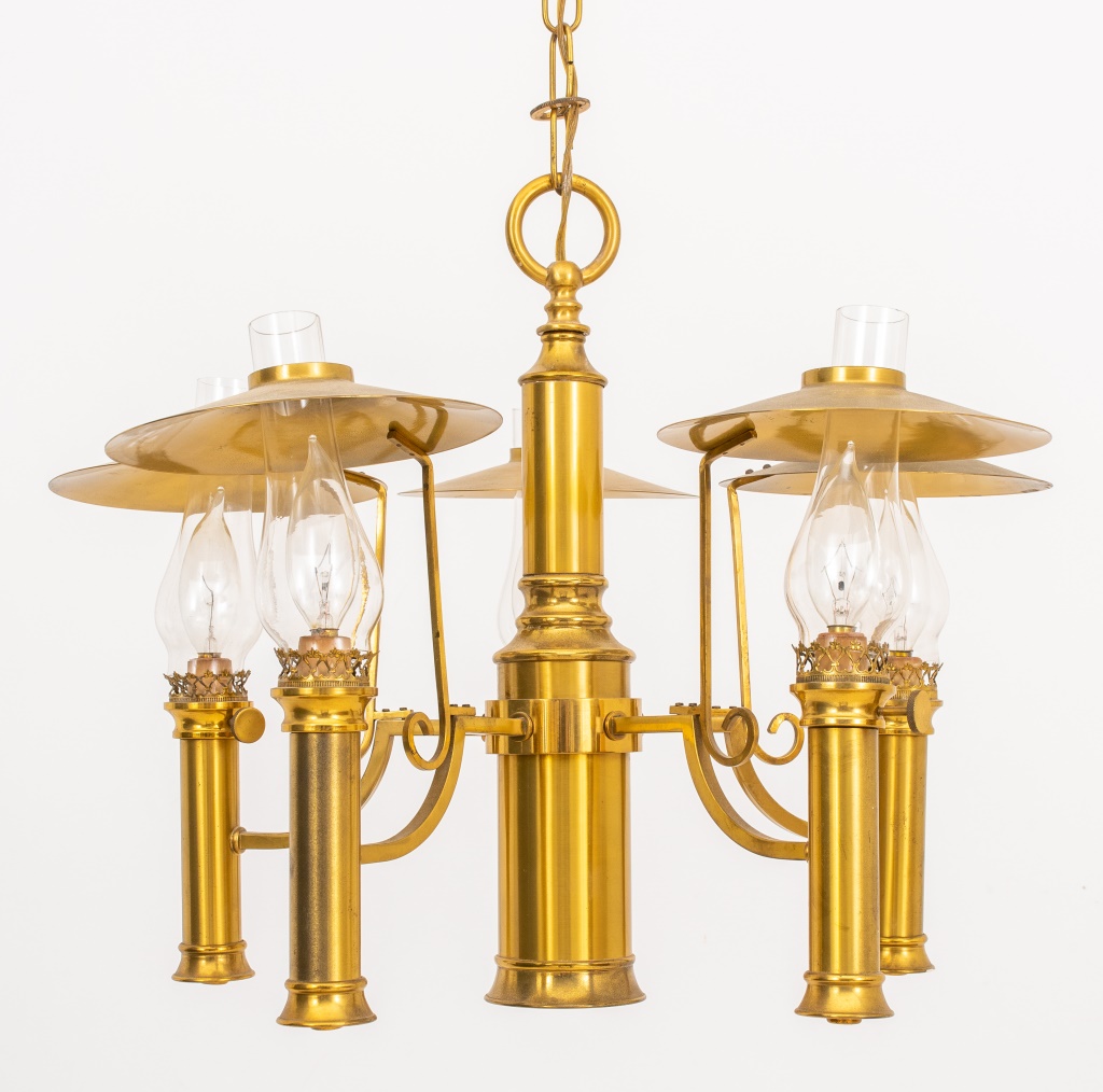 BRASS & GLASS FIVE-LIGHT CHANDELIER