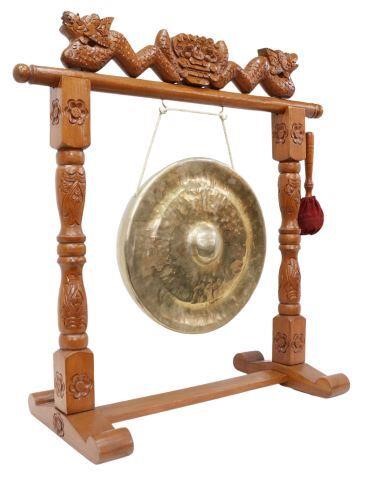 BRASS GONG & MALLET ON CARVED