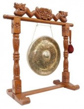 BRASS GONG & MALLET ON CARVED