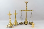 BRASS HANGING SCALE AND PAIR O