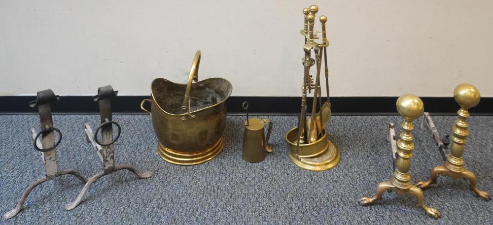 BRASS HEARTH SET, AND PAIR OF